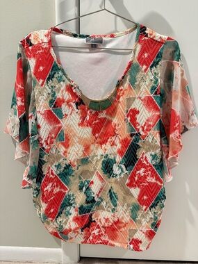JM Collection Women’s Floral Geometric Short Sleeve Blouse - Orange/Green